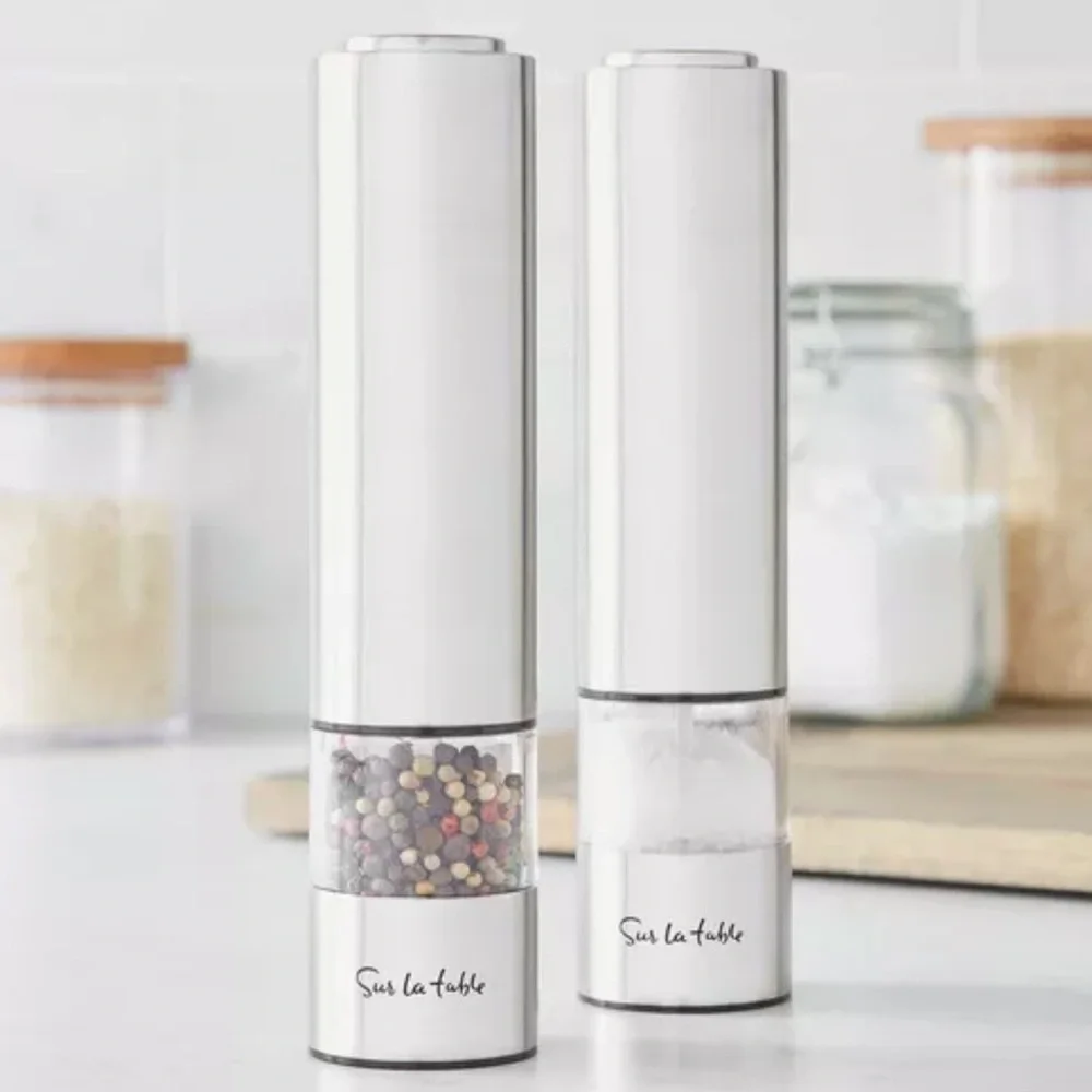 New! Sur La Table ELECTRIC Stainless Steel Salt & Pepper Mill Set of 2